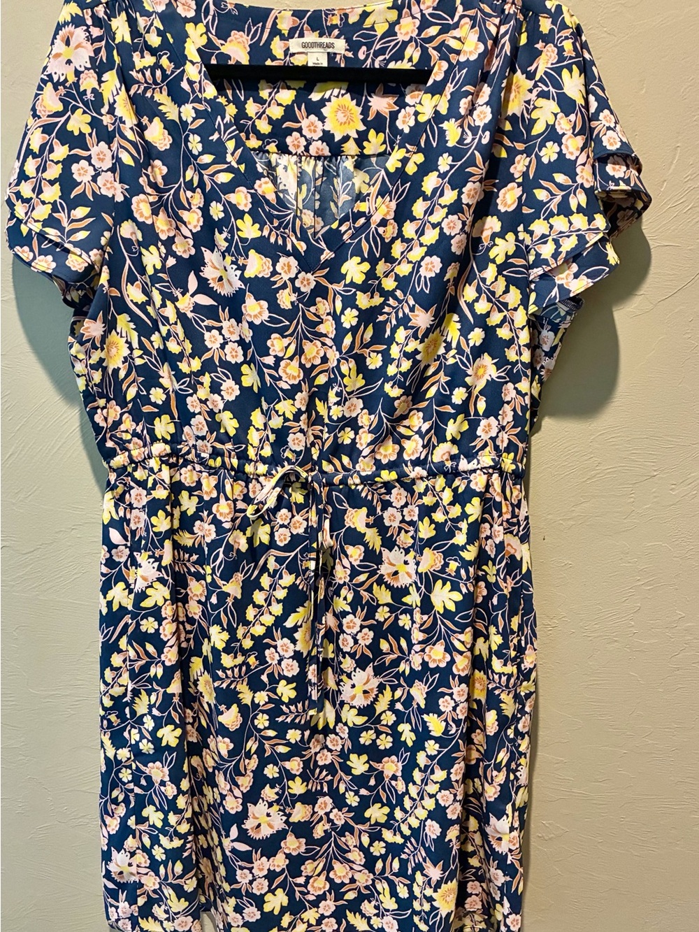 Goodthreads Navy Floral Drawstring Waist Dress with Pink & Yellow Blooms